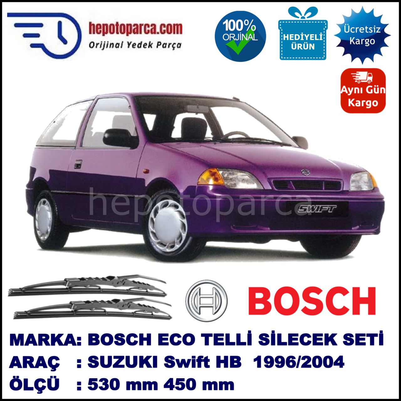 SUZUKI Swift Hatchback [MA] 03.96-12.04 530 / 450 mm. BOSCH ECO Telli Silecek 2'li Takım