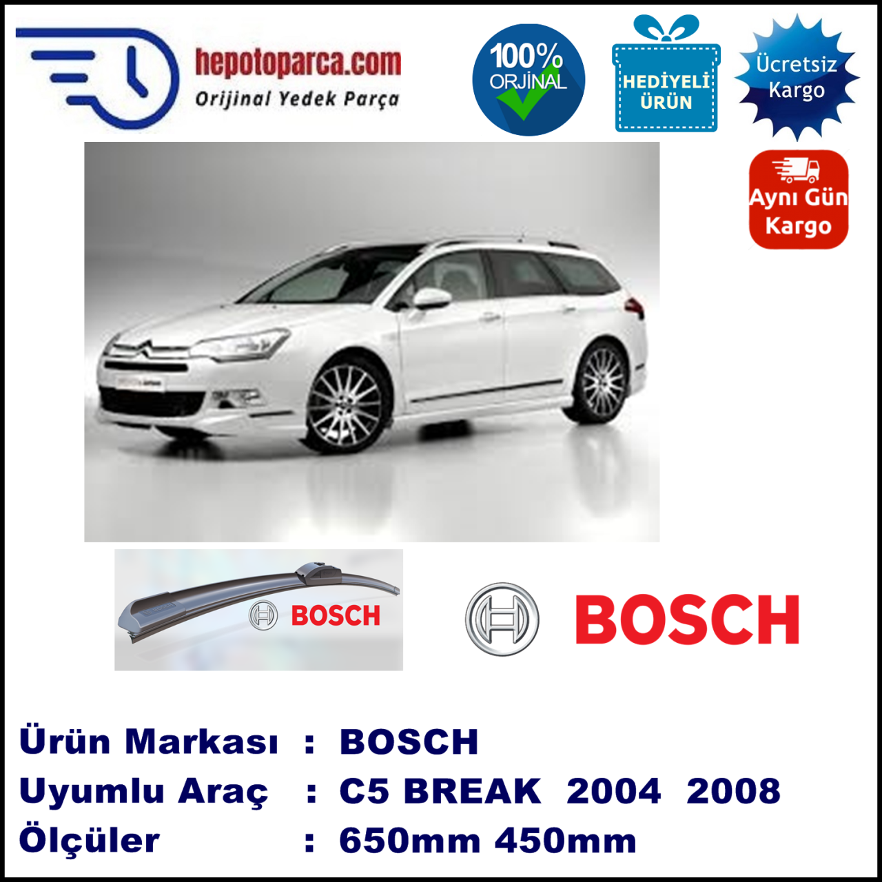 CITROEN C5 Break [X3] 10.2004-03.2008, 650 / 450 mm. BOSCH AEROECO Aparatlı Muz Silecek