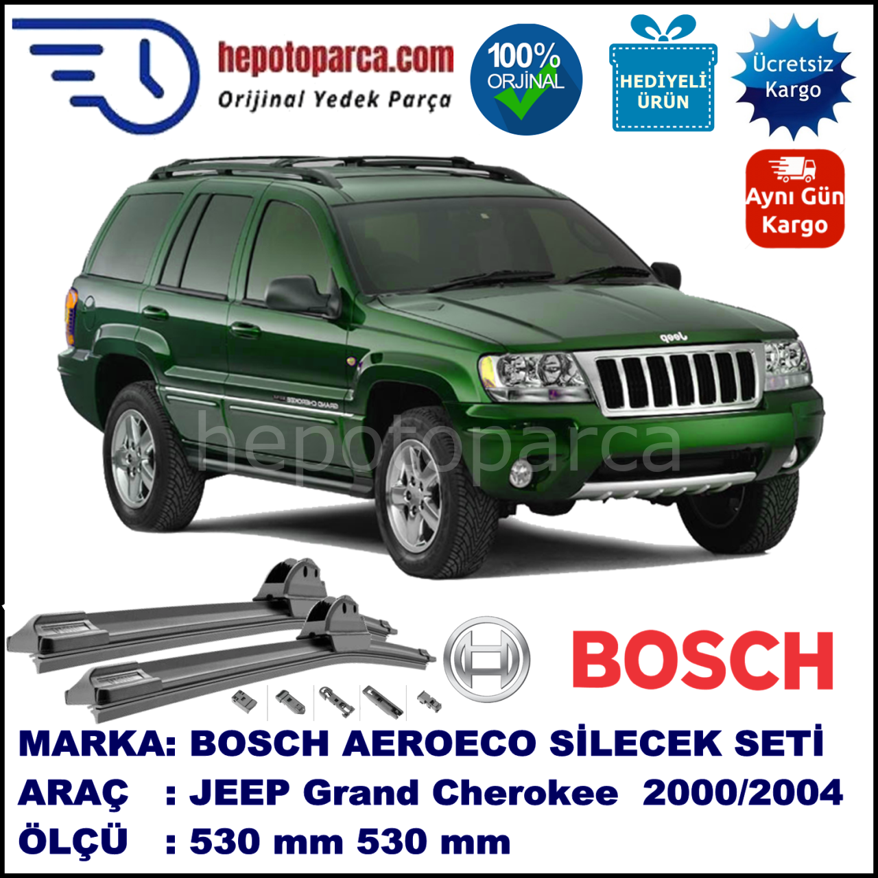JEEP Grand Cherokee [WG] 09.2000-12.2004, 530 / 530 mm. BOSCH AEROECO Aparatlı Muz Silecek