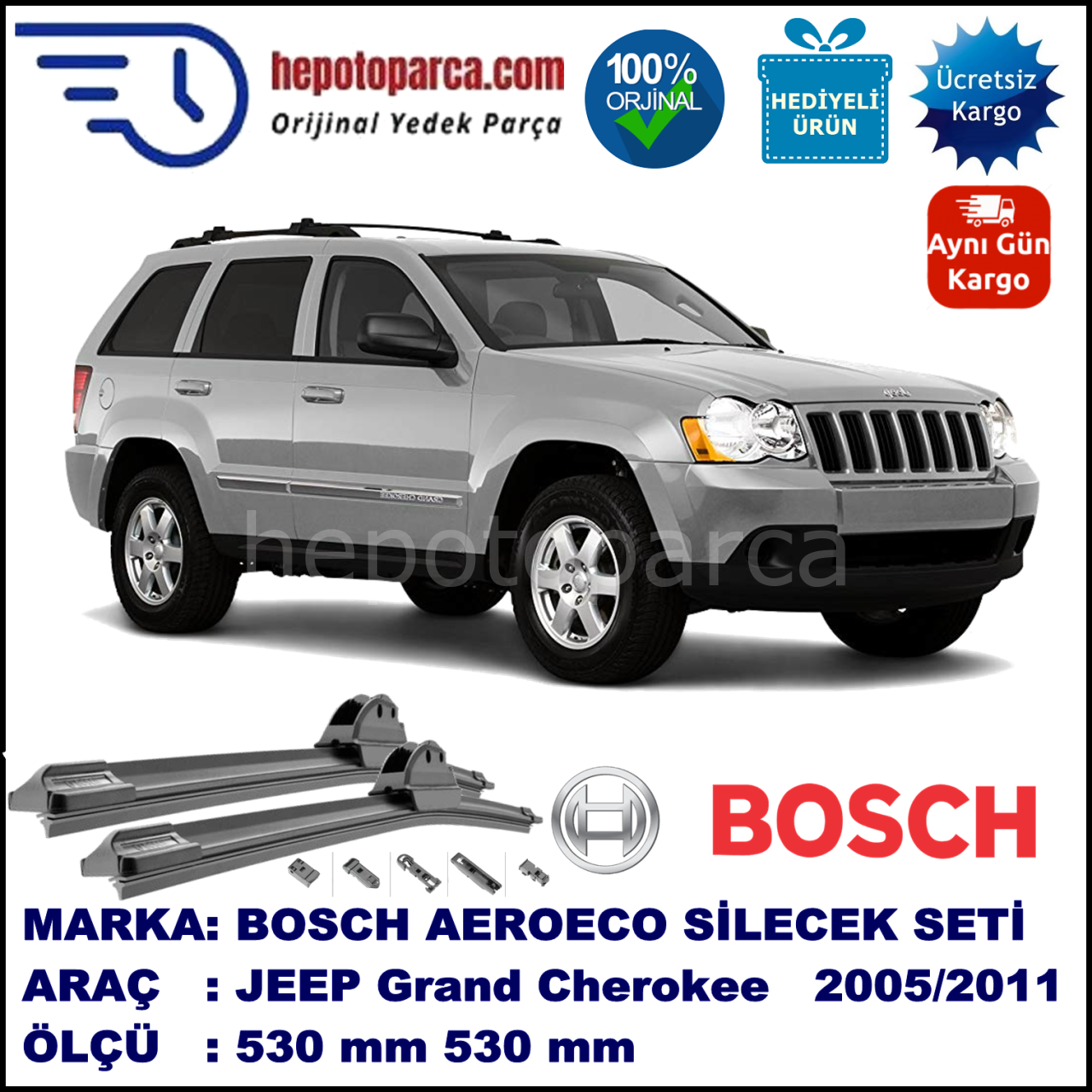 JEEP Grand Cherokee [WH] 03.2005-10.2011, 530 / 530 mm. BOSCH AEROECO Aparatlı Muz Silecek