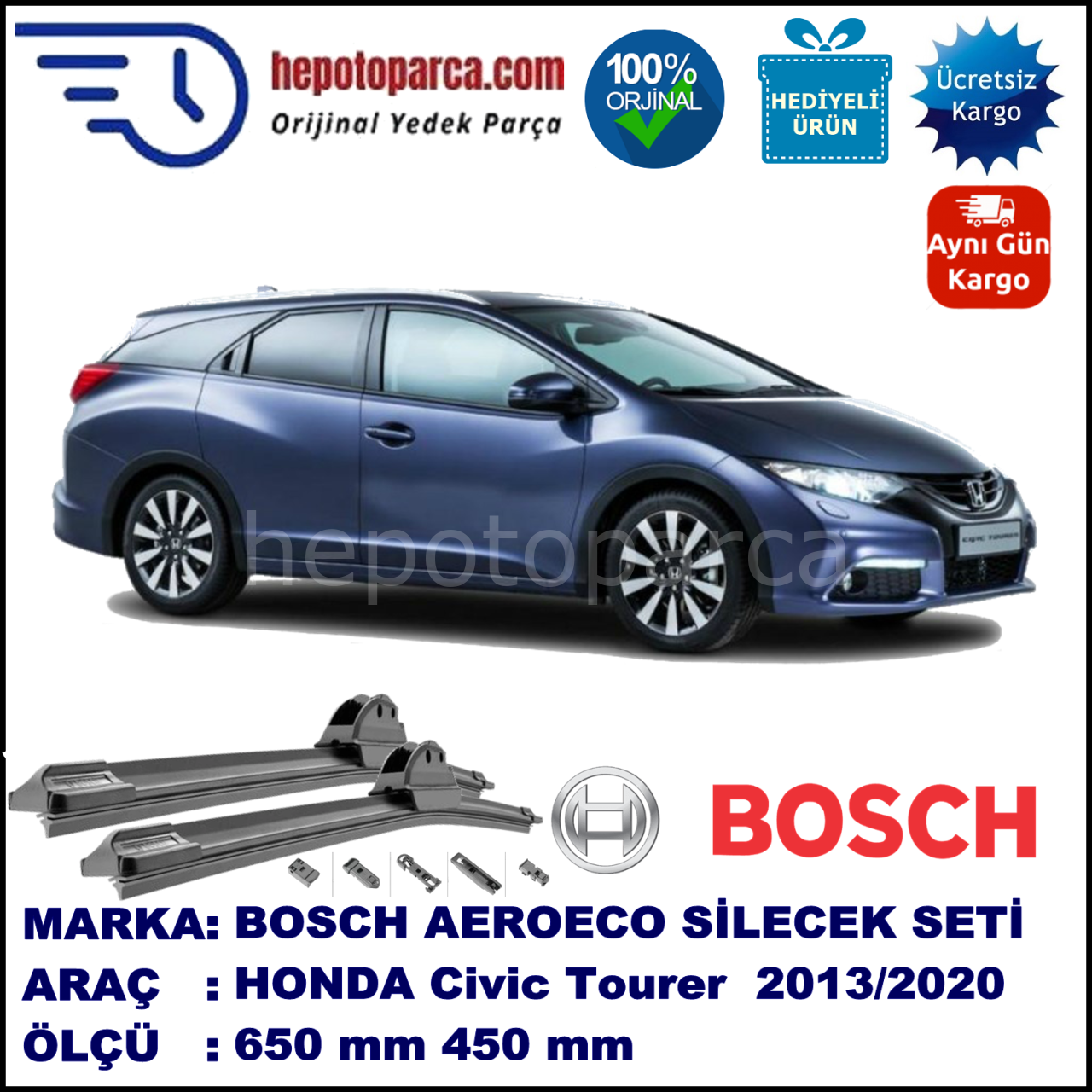 HONDA Civic Tourer [FK] 12.2013-..., 650 / 450 mm. BOSCH AEROECO Aparatlı Muz Silecek