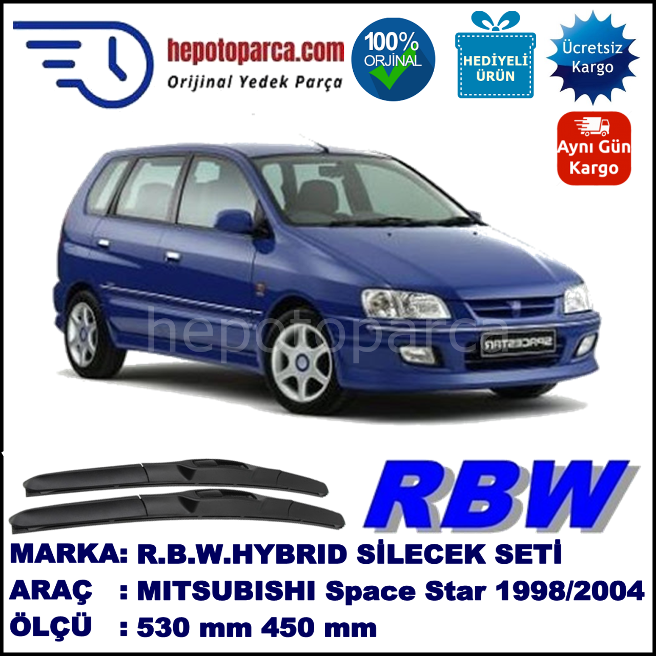 MITSUBISHI Space Star [DG] 06.98-12.04 530 / 450 mm. RBW Hybrid Silecek Seti. U Kanca Uyumlu Hibrit