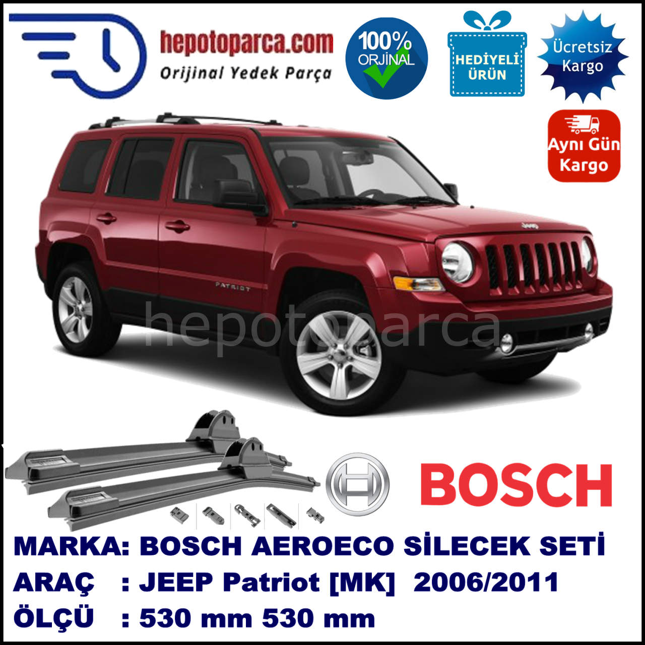 JEEP Patriot [MK] 10.2006-..., 530 / 530 mm. BOSCH AEROECO Aparatlı Muz Silecek