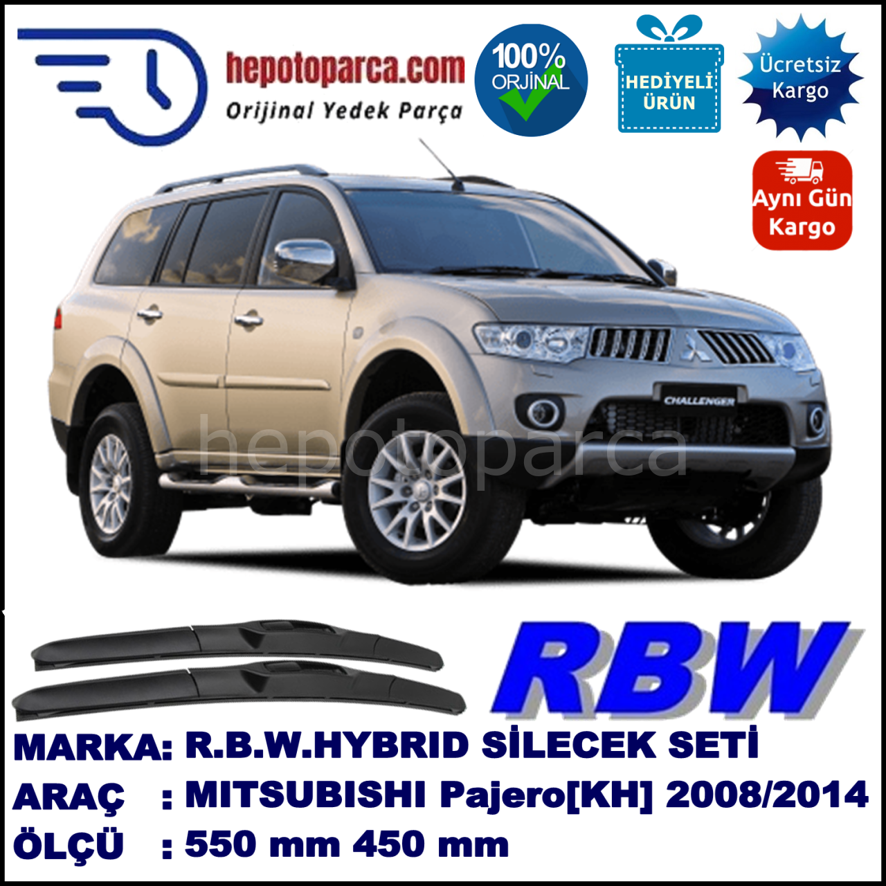 MITSUBISHI Pajero Sport [KH] 07.08-... 550 / 450 mm. RBW Hybrid Silecek Seti. U Kanca Uyumlu Hibrit