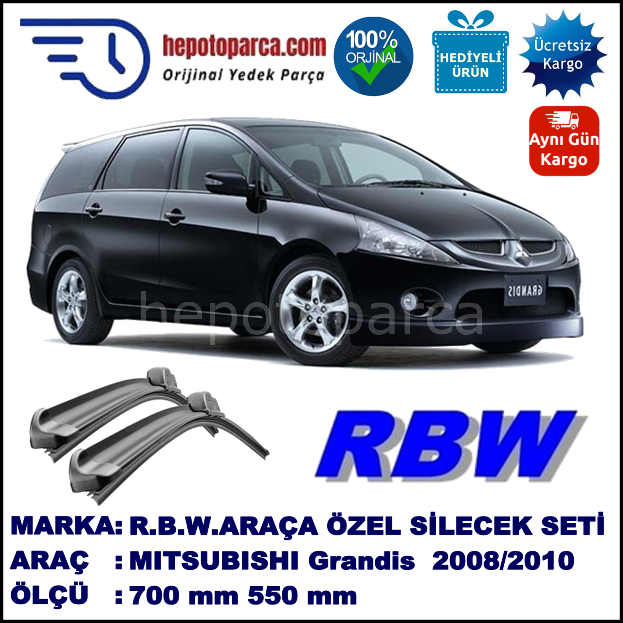 MITSUBISHI Grandis  02.08-11.10 700 / 550 mm. RBW Muz Silecek Seti  2'li Takım. U Kanca Uyumludur.