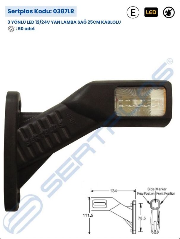 0387LR 3 YÖNLÜ LED 12/24V YAN LAMBA SAĞ 25CM KABLO