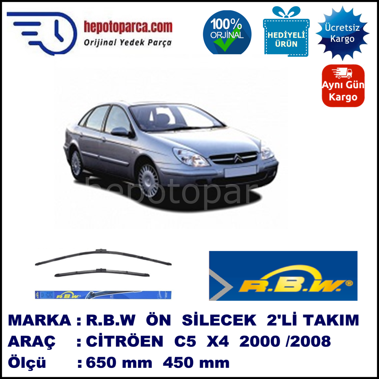 CITROEN C5 [X4] 12.2003-09.2004, 650 / 450 mm.  RBW  ADAPTÖRLÜ MUZ SİLECEK SETİ