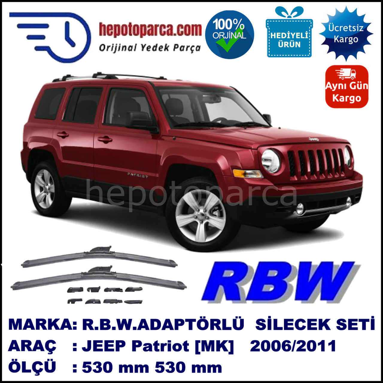 JEEP Patriot [MK] 10.2006-..., 530 / 530 mm.  RBW  ADAPTÖRLÜ MUZ SİLECEK SETİ