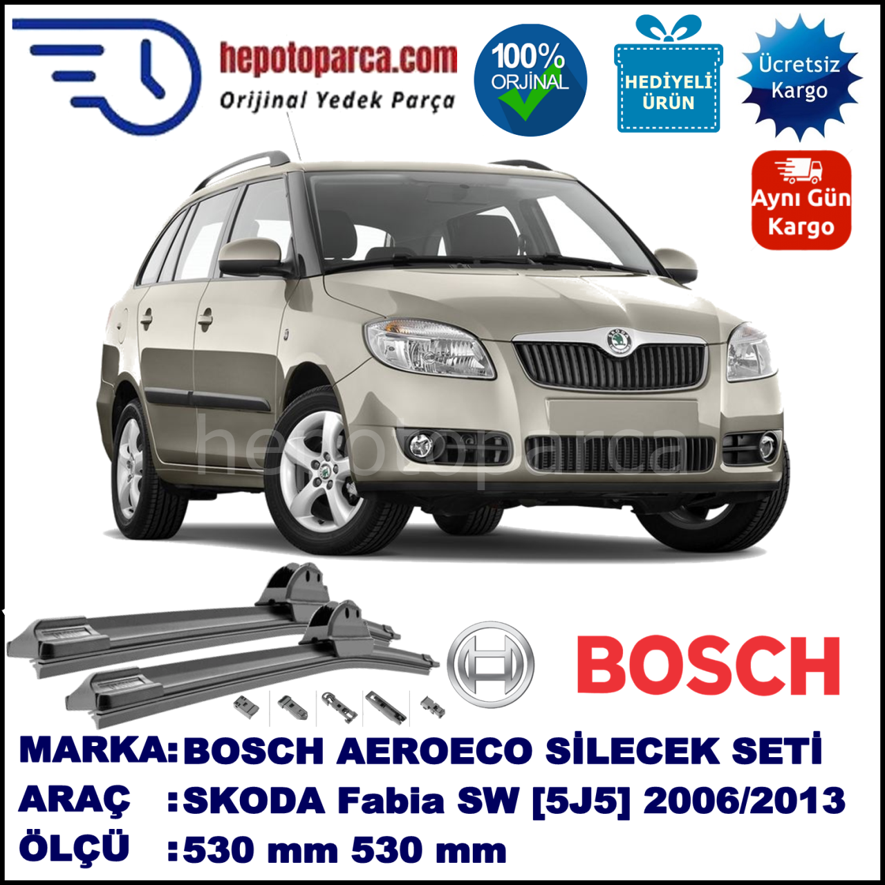 SKODA Fabia Combi [5J5] 12.2006-..., 530 / 530 mm. BOSCH AEROECO Aparatlı Muz Silecek
