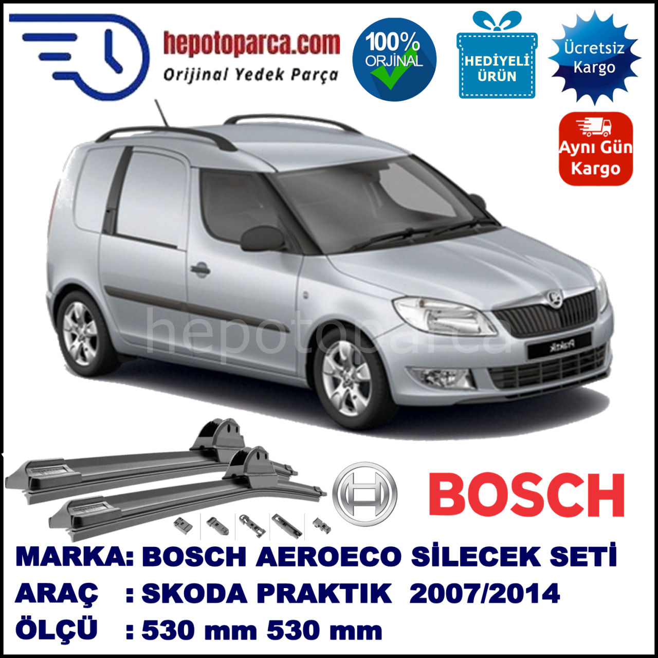 SKODA Praktik [5J7] 03.2007-..., 530 / 530 mm. BOSCH AEROECO Aparatlı Muz Silecek