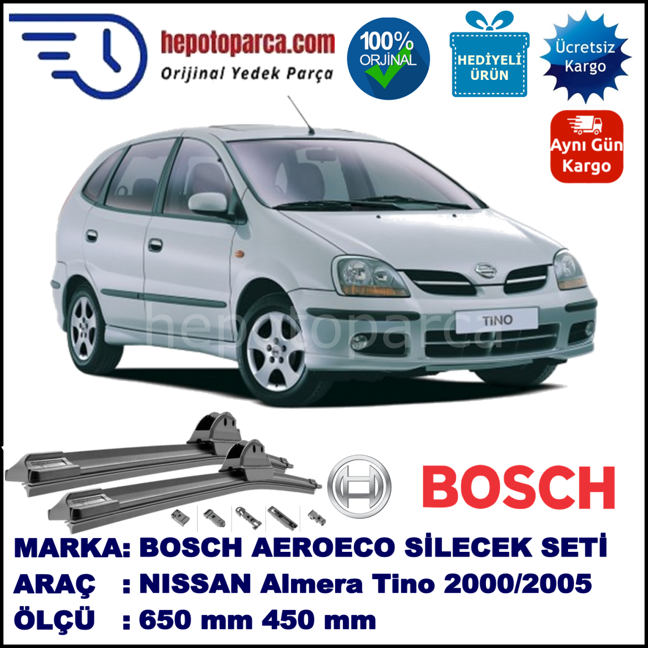 NISSAN Almera Tino [V10M] 05.2000-12.2005, 650 / 450 mm. BOSCH AEROECO Aparatlı Muz Silecek