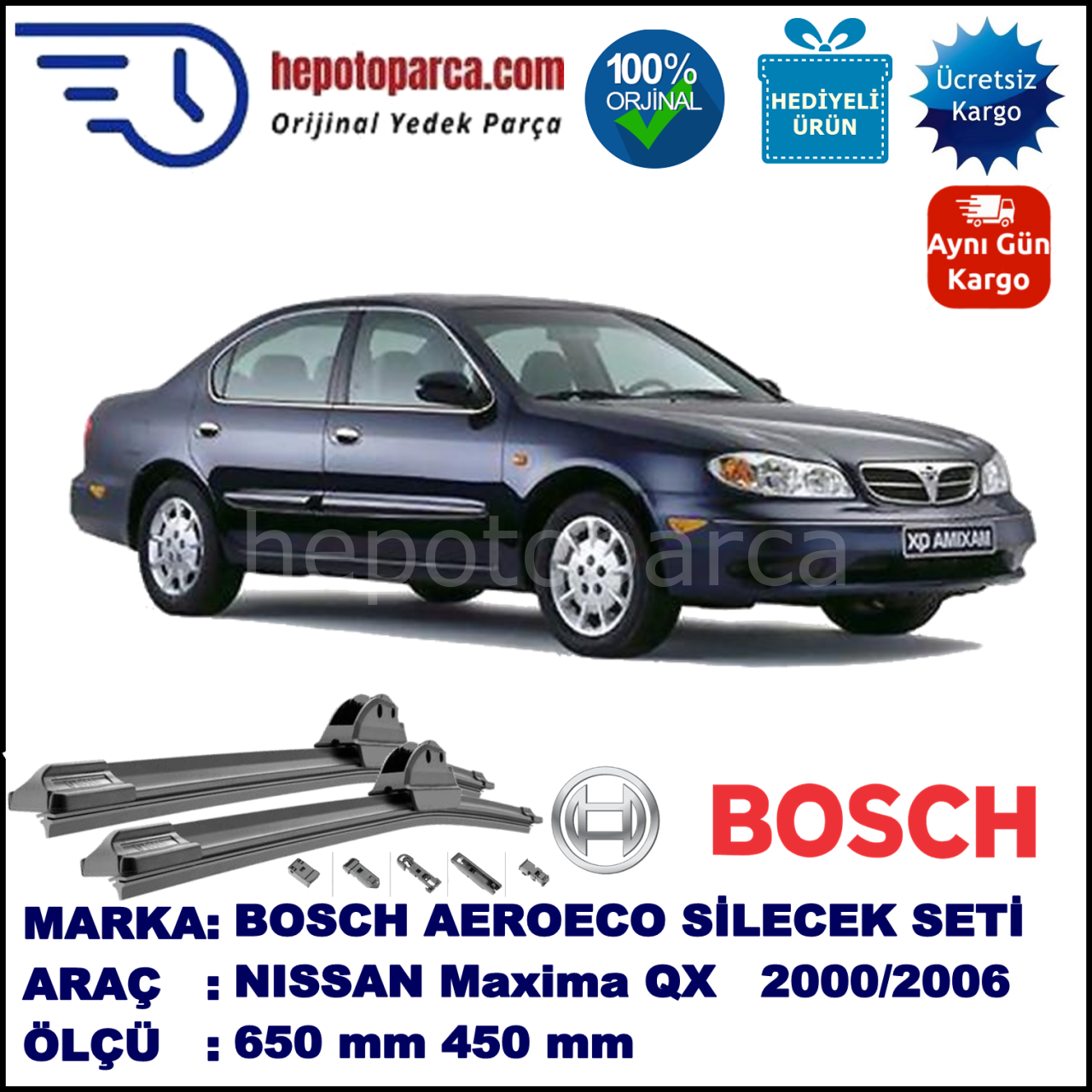 NISSAN Maxima QX [CA33] 01.2000-01.2006, 650 / 450 mm. BOSCH AEROECO Aparatlı Muz Silecek