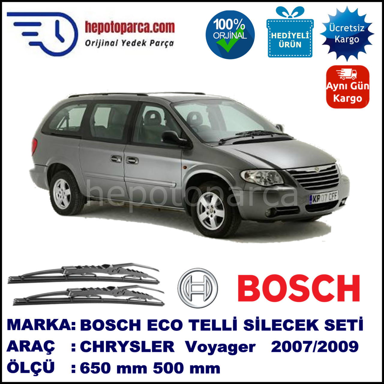 CHRYSLER Grand Voyager [RS] 09.07-11.09 650 / 500 mm. BOSCH ECO Telli Silecek 2'li Takım