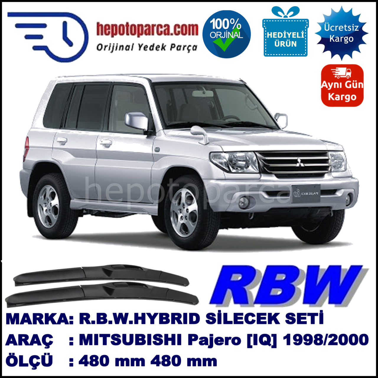 MITSUBISHI Pajero IO  03.98-06.00 480 / 480 mm. RBW Hybrid Silecek Seti. U Kanca Uyumlu Hibrit
