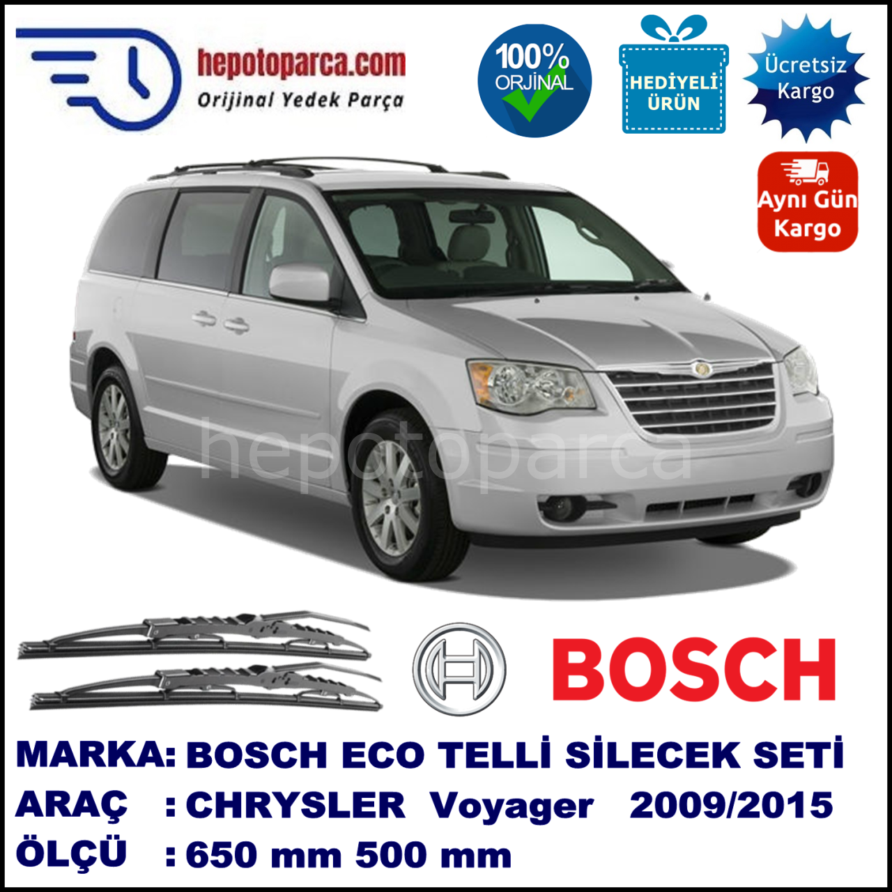 CHRYSLER Grand Voyager [RS] 12.09-... 650 / 500 mm. BOSCH ECO Telli Silecek 2'li Takım