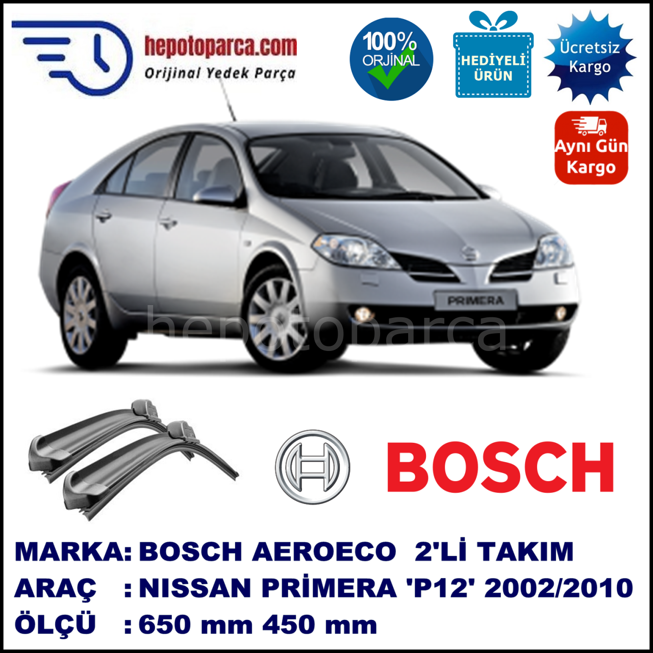 NISSAN Primera Hatchback [P12E] 05.2002-09.2010, 650 / 450 mm. BOSCH AEROECO Aparatlı Muz Silecek