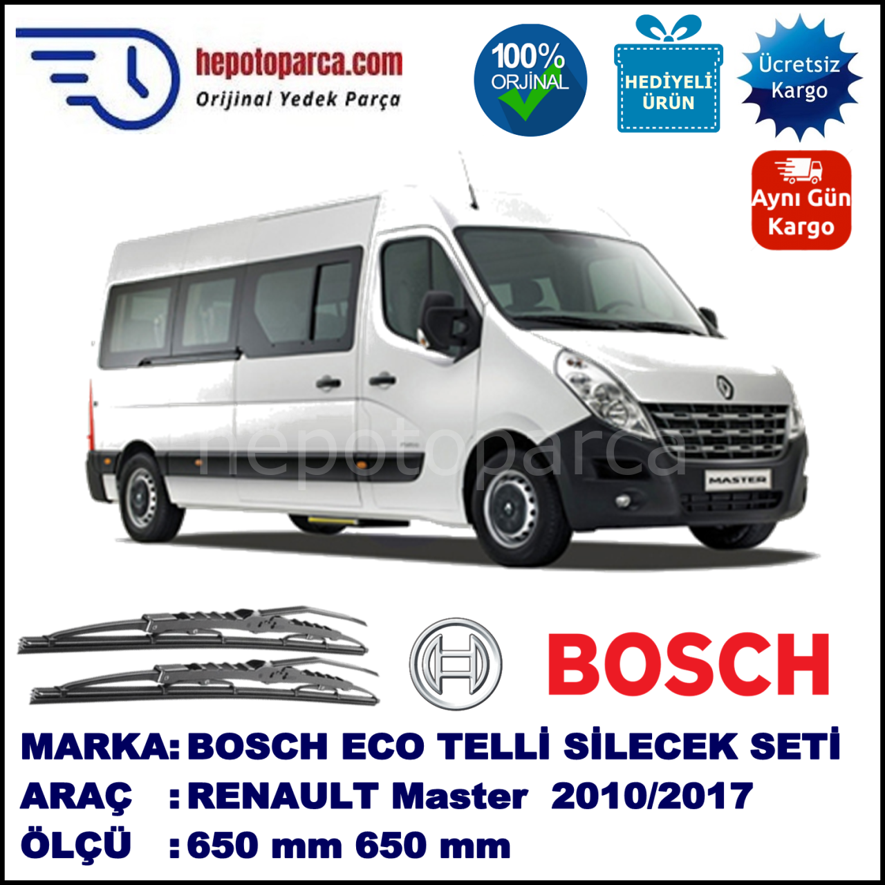 RENAULT Master  02.2010--> 650 / 650 mm. BOSCH Telli Silecek 2'li Takım U Kanca Uyumlu
