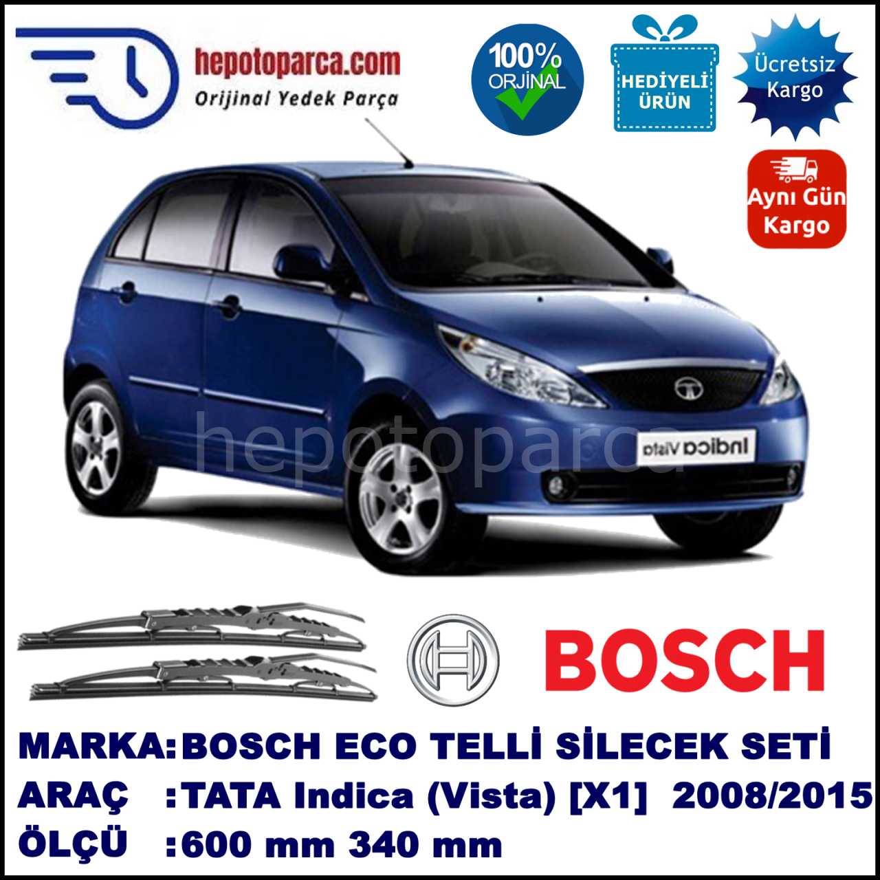 TATA Indica (Vista) [X1] 08.08-... 600 / 340 mm. BOSCH ECO Telli Silecek 2'li Takım