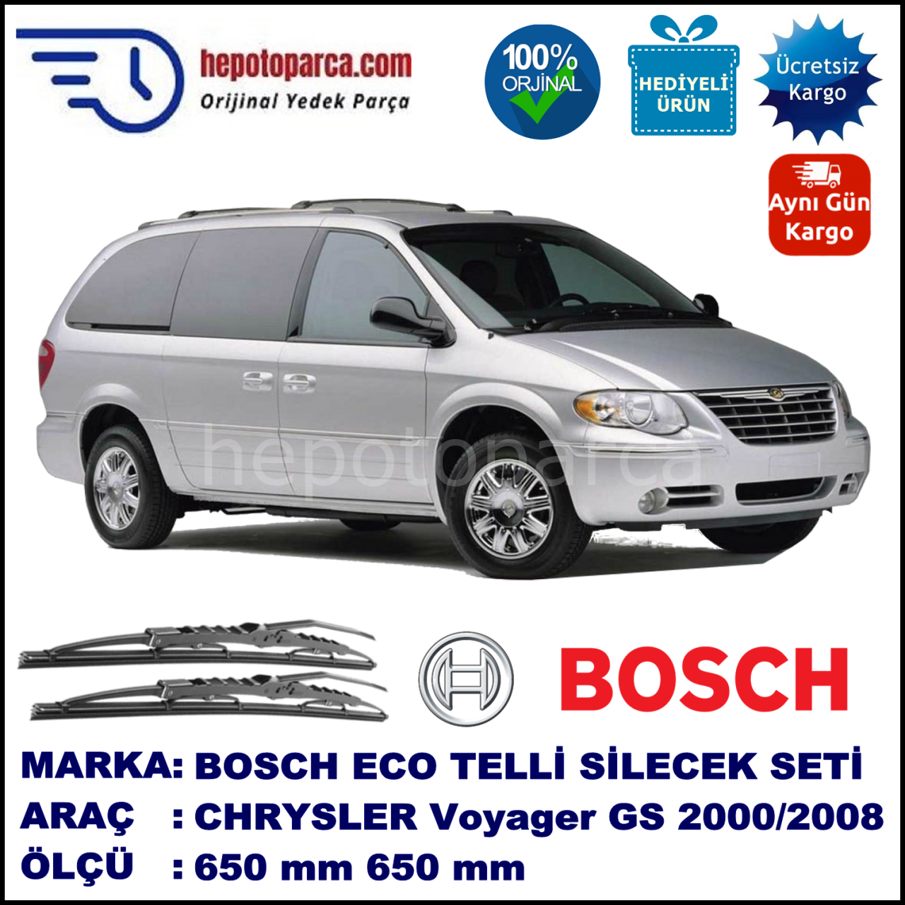 CHRYSLER Voyager [RS] 08.00-... 650 / 650 mm. BOSCH ECO Telli Silecek 2'li Takım