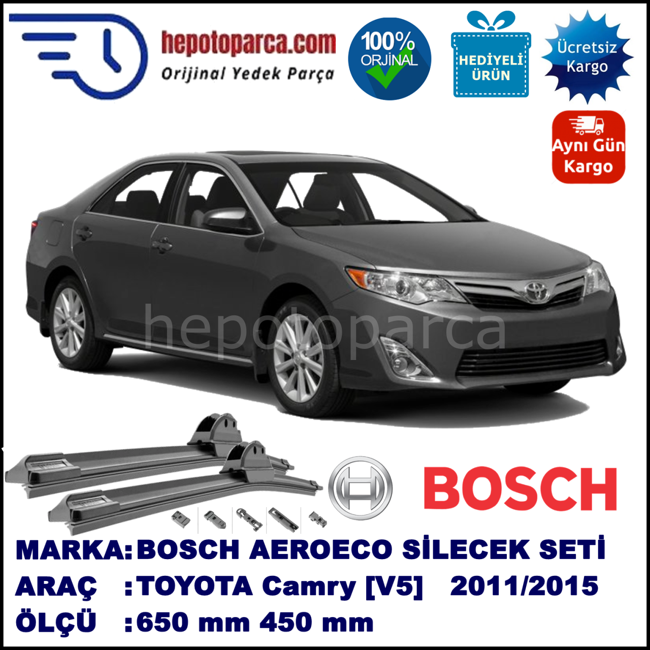 TOYOTA Camry [V5] 08.2011-..., 650 / 450 mm. BOSCH AEROECO Aparatlı Muz Silecek