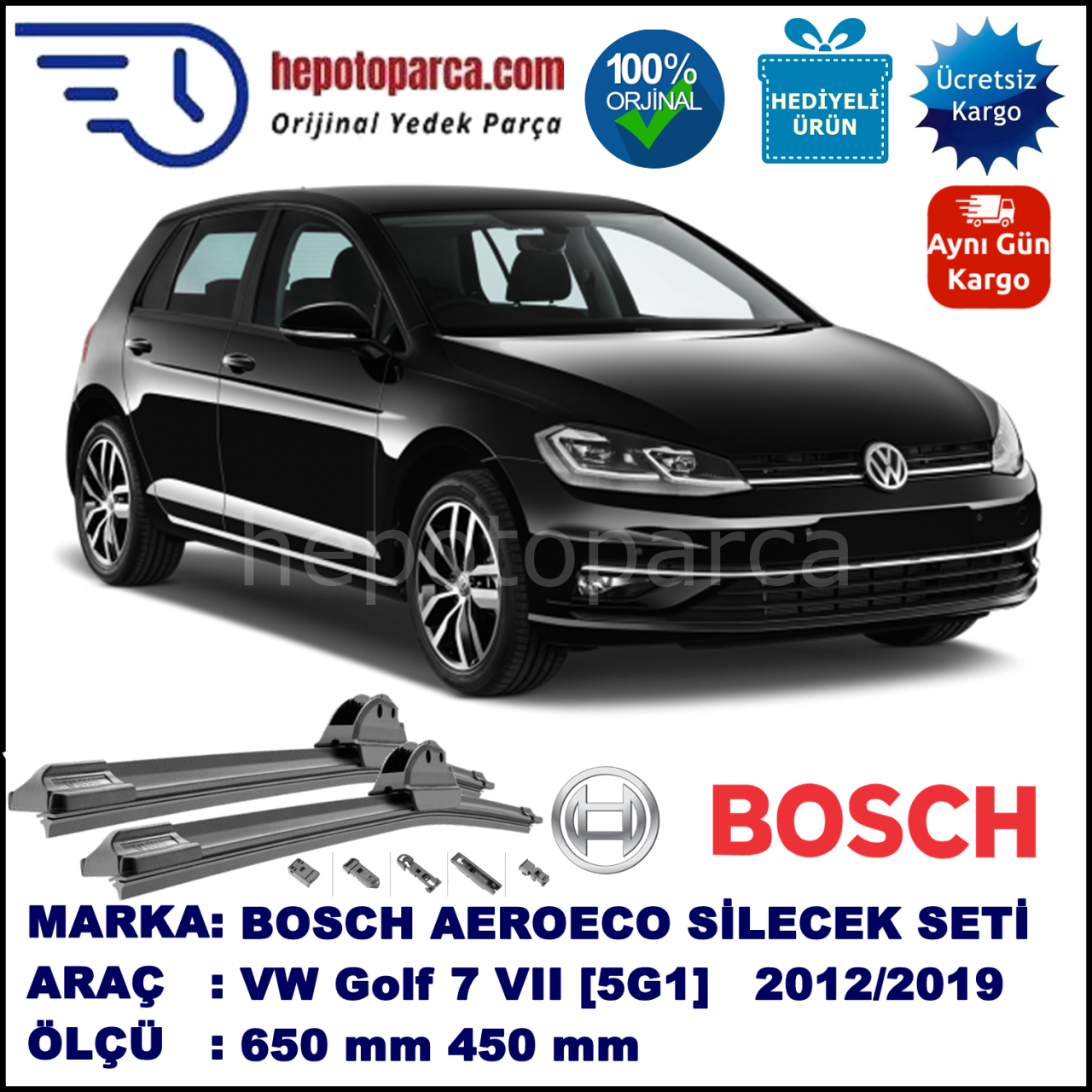 VW Golf 7 VII [5G1]  08.2012-..., 650 / 450 mm. BOSCH AEROECO Aparatlı Muz Silecek