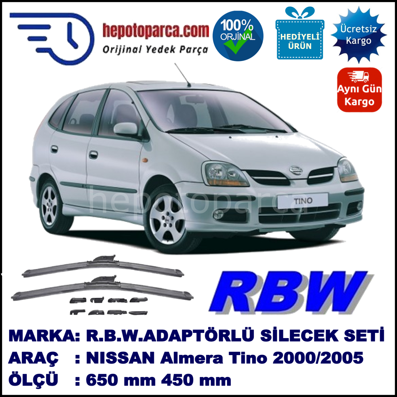 NISSAN Almera Tino [V10M] 05.2000-12.2005, 650 / 450 mm.  RBW  ADAPTÖRLÜ MUZ SİLECEK SETİ