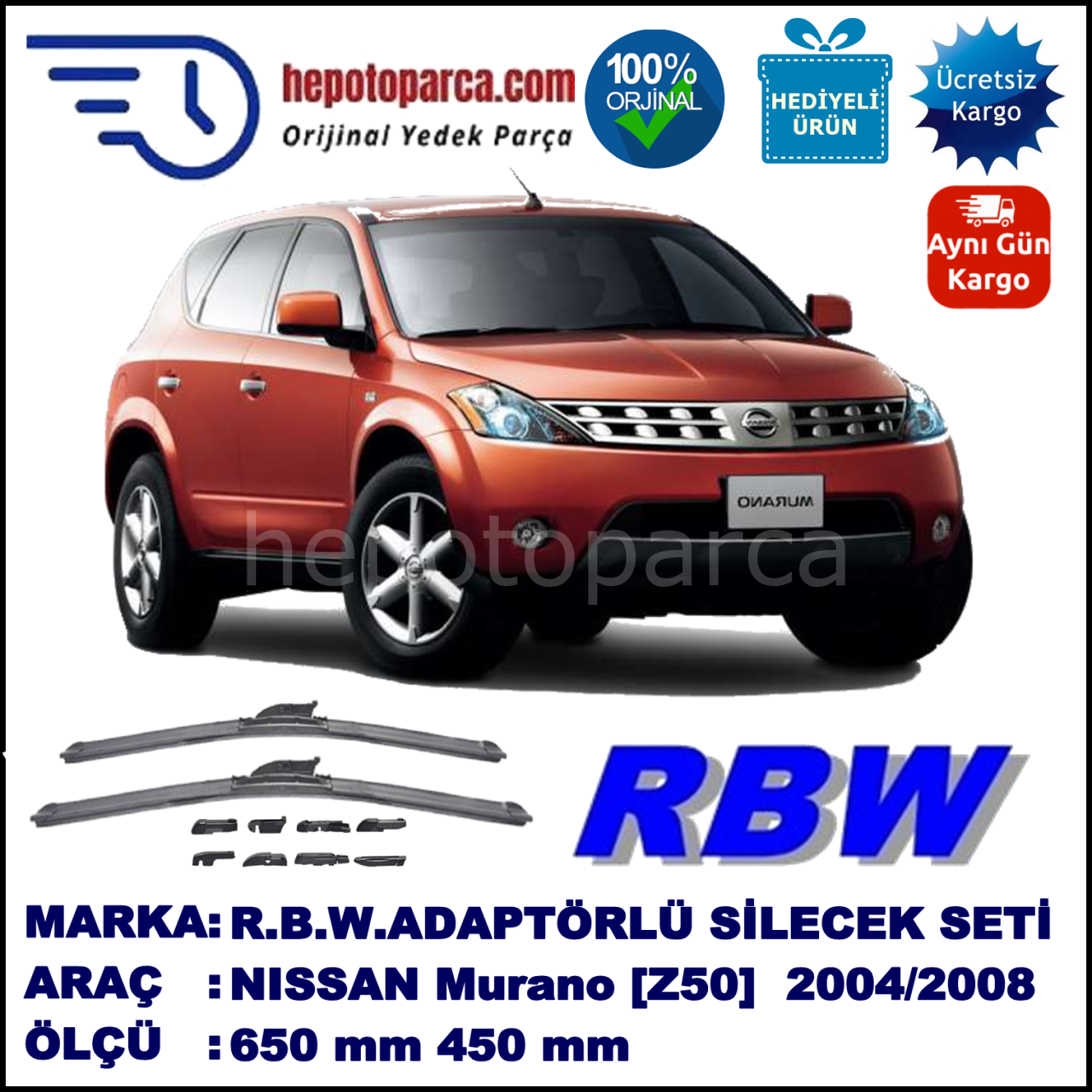 NISSAN Murano [Z50] 11.2004-12.2008, 650 / 450 mm.  RBW  ADAPTÖRLÜ MUZ SİLECEK SETİ