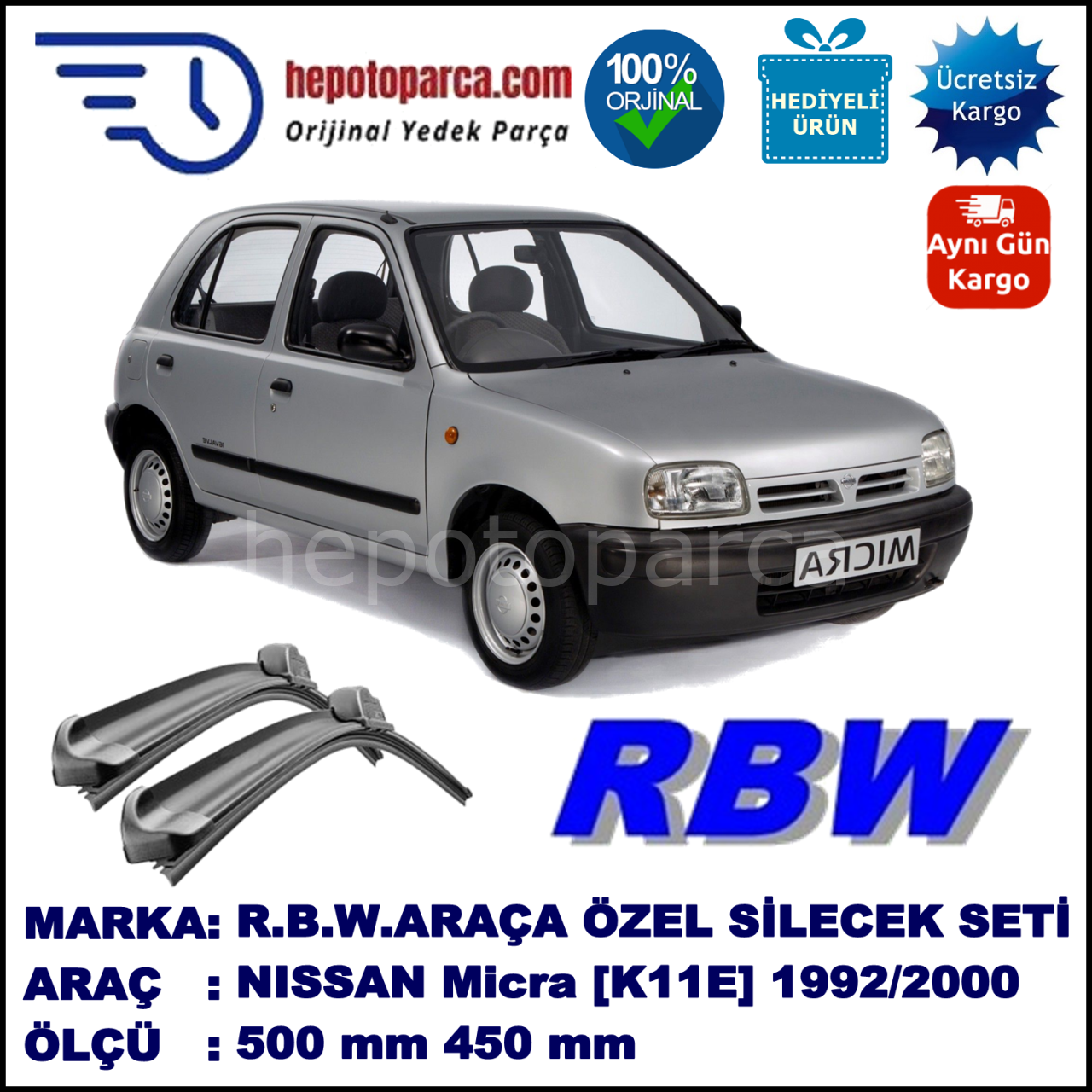 NISSAN Micra [K11E] 08.92-06.00 500 / 450 mm. RBW Muz Silecek Seti  2'li Takım. U Kanca Uyumludur.