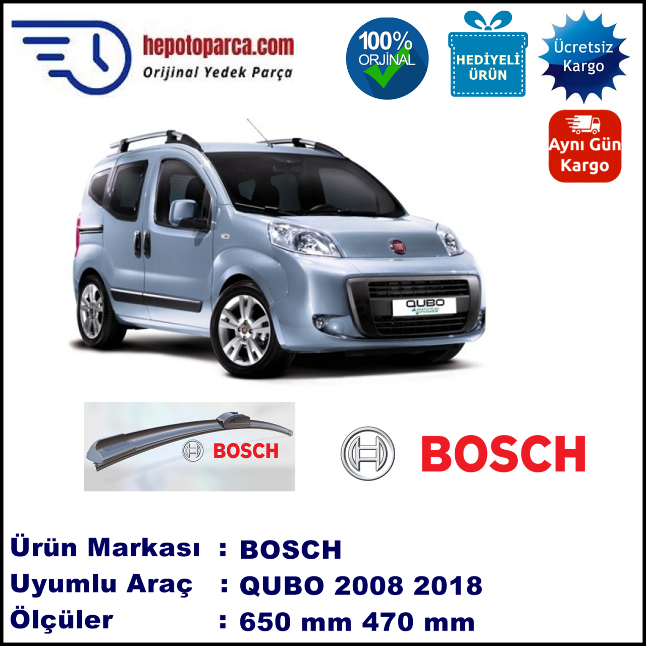 FIAT Qubo [300..] 09.2008-..., 650 / 470 mm. BOSCH AEROECO Aparatlı Muz Silecek