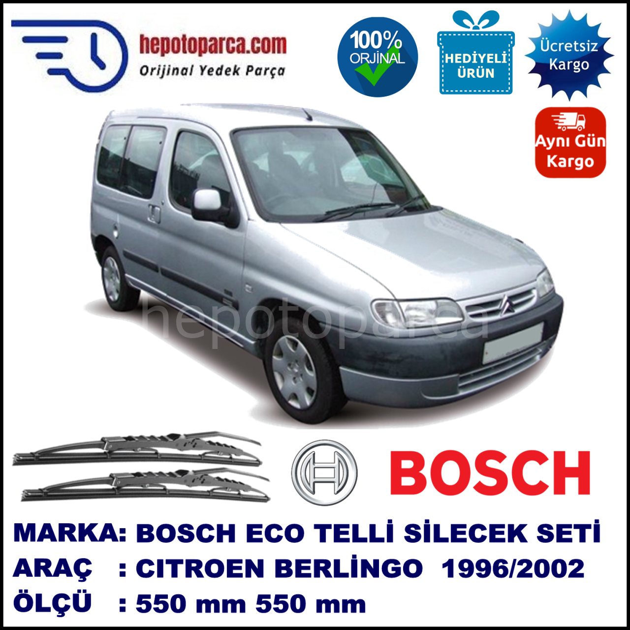 CITROEN Berlingo [M49] 07.96-11.02 550 / 550 mm. BOSCH ECO Telli Silecek 2'li Takım