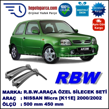 NISSAN Micra [K11E] 07.00-10.02 500 / 450 mm. RBW Muz Silecek Seti  2'li Takım. U Kanca Uyumludur.