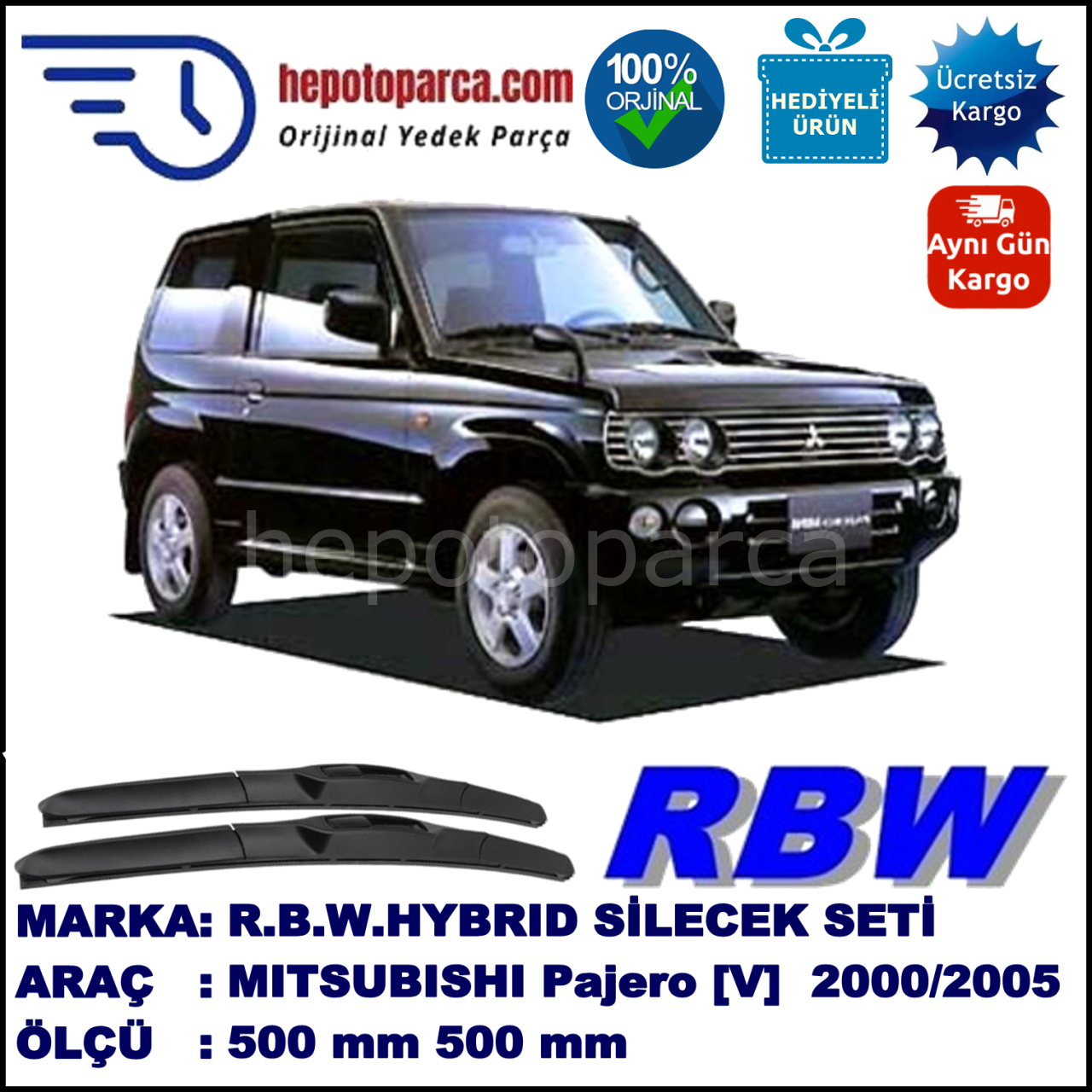 MITSUBISHI Pajero [V] 02.00-... 500 / 500 mm. RBW Hybrid Silecek Seti. U Kanca Uyumlu Hibrit