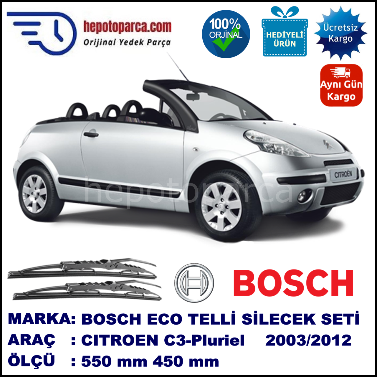 CITROEN C3-Pluriel [A42] 05.03-10.12 550 / 450 mm. BOSCH ECO Telli Silecek 2'li Takım