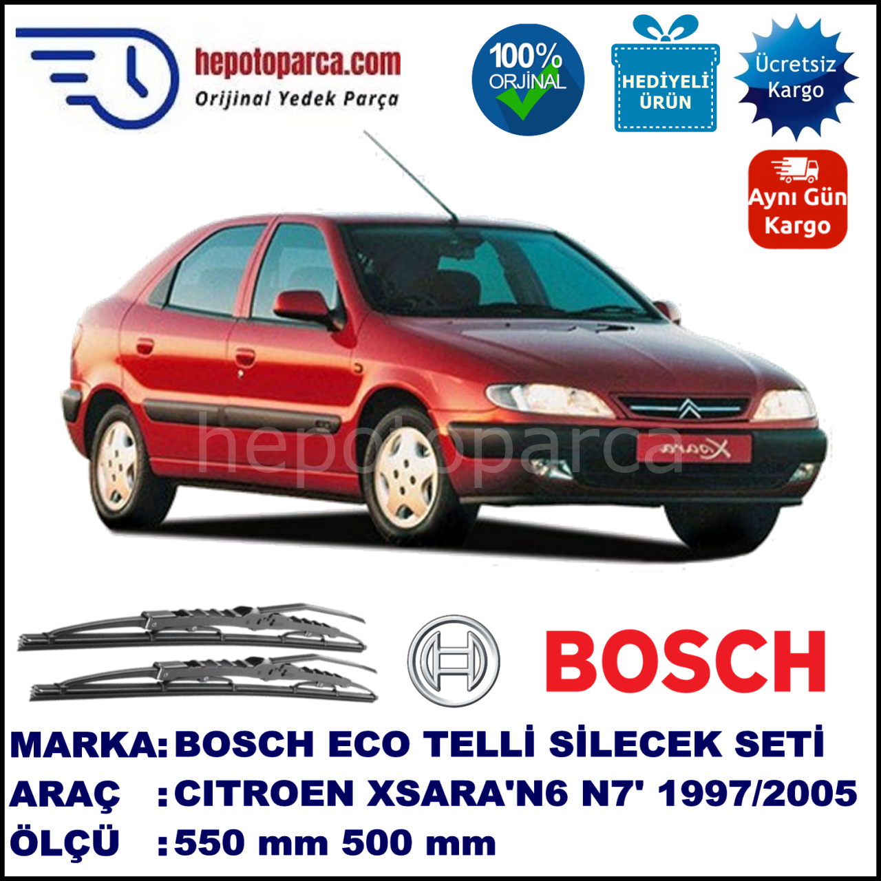 CITROEN Xsara [N6, N7] 07.97-12.05 550 / 500 mm. BOSCH ECO Telli Silecek 2'li Takım