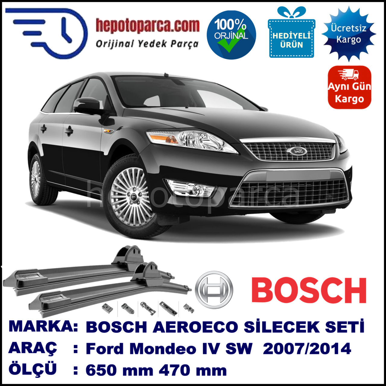FORD Mondeo IV Turnier [07] 02.2007-..., 650 / 470 mm. BOSCH AEROECO Aparatlı Muz Silecek
