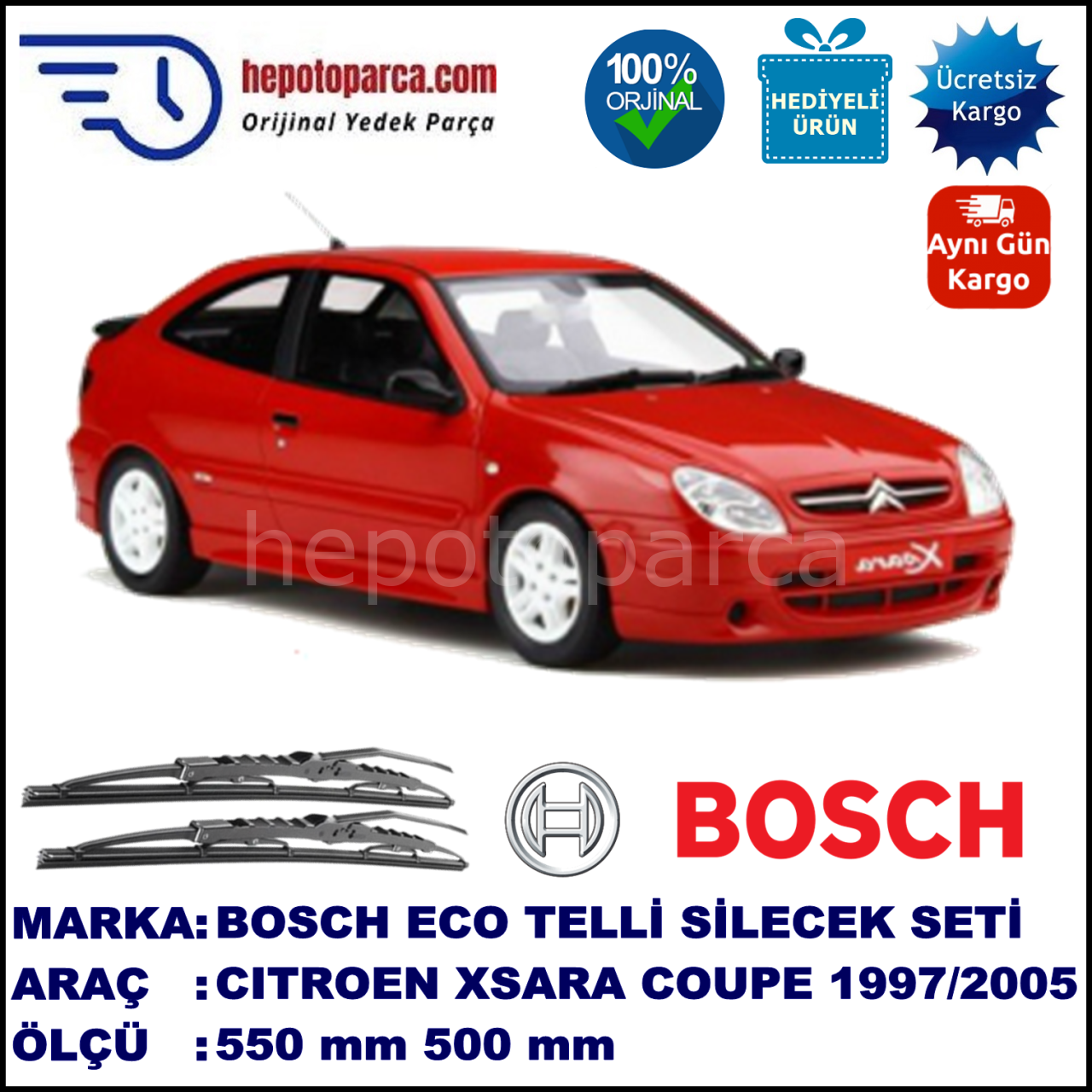CITROEN Xsara Coupé [N6, N7] 07.97-12.05 550 / 500 mm. BOSCH ECO Telli Silecek 2'li Takım