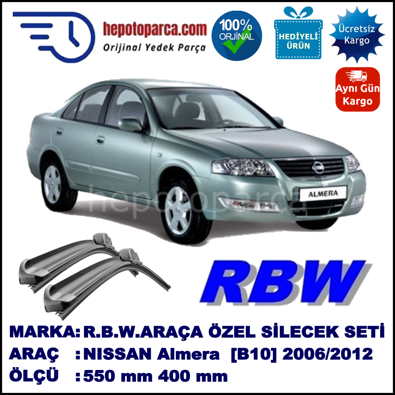 NISSAN Almera (Classic) [B10] 01.06-... 550 / 400 mm. RBW Muz Silecek Seti  2'li Takım. U Kanca Uyumludur.