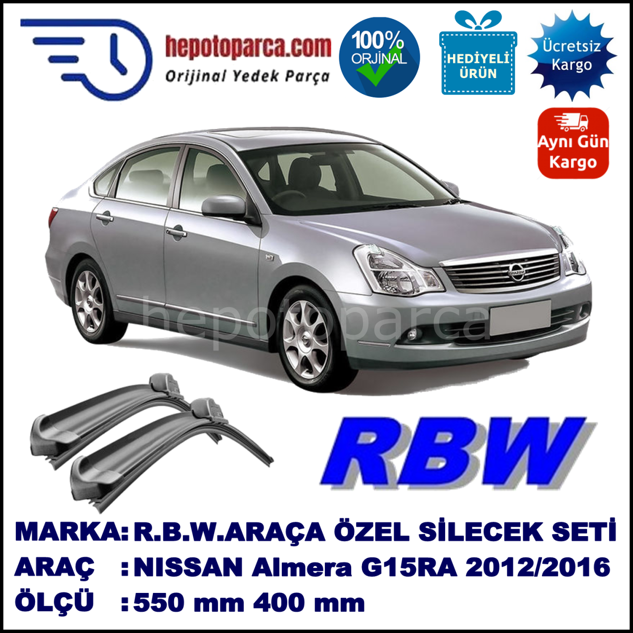 NISSAN Almera [G15RA] 11.12-... 550 / 400 mm. RBW Muz Silecek Seti  2'li Takım. U Kanca Uyumludur.