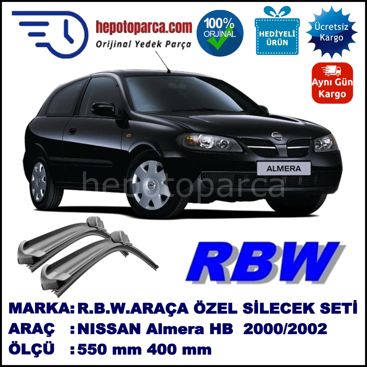 NISSAN Almera Hatchback [N16E] 01.00-09.02 550 / 400 mm. RBW Muz Silecek Seti  2'li Takım. U Kanca Uyumludur.