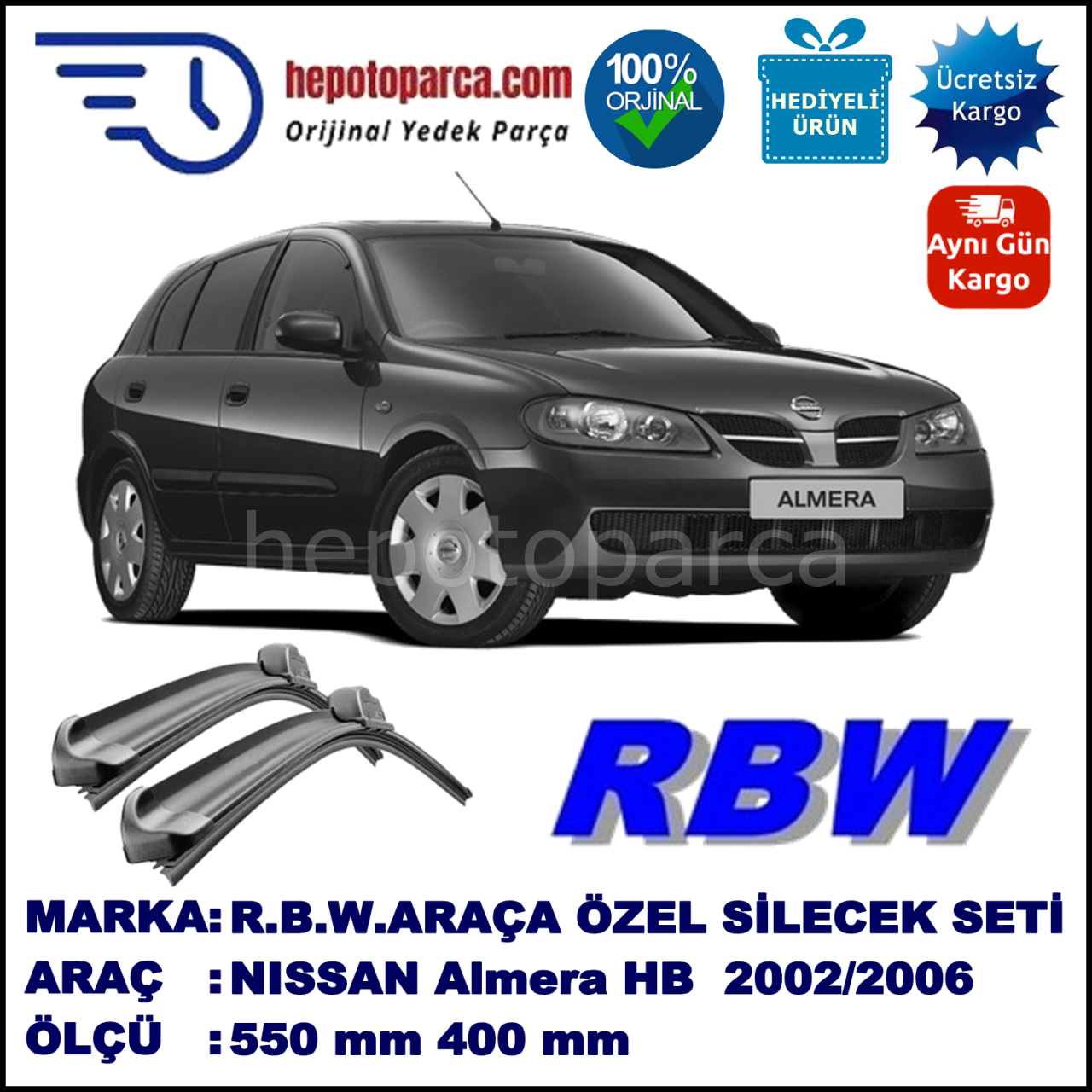 NISSAN Almera Hatchback [N16E] 10.02-11.06 550 / 400 mm. RBW Muz Silecek Seti  2'li Takım. U Kanca Uyumludur.