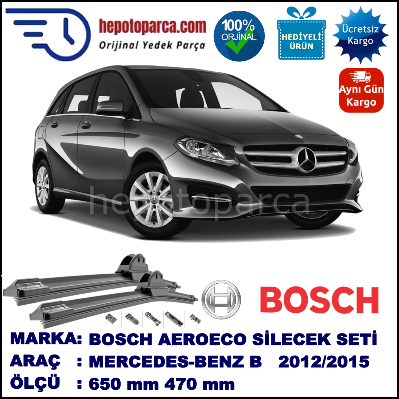 MERCEDES-BENZ Serie B [246] 09.2011-..., 650 / 470 mm. BOSCH AEROECO Aparatlı Muz Silecek
