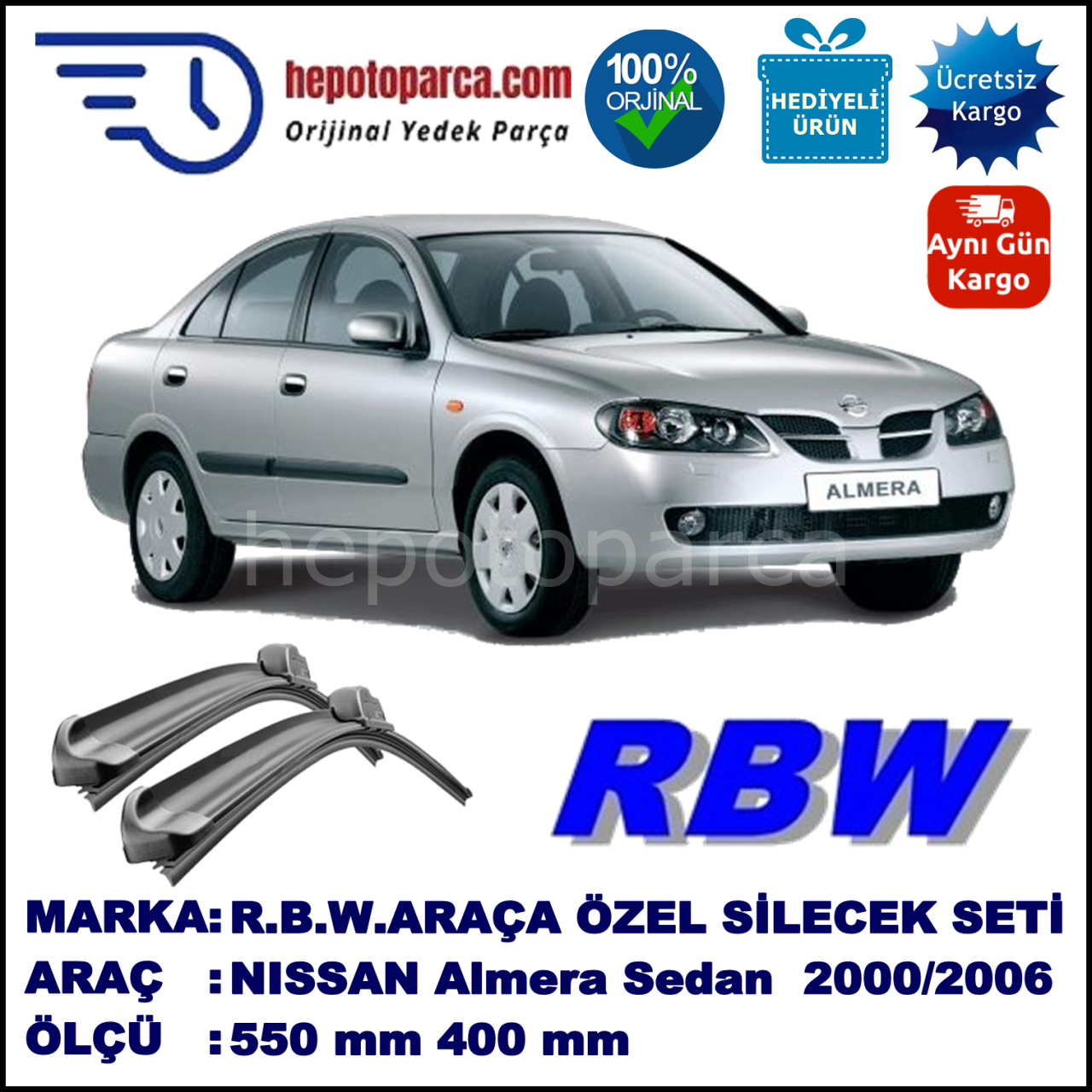 NISSAN Almera Sedan [N16; N16E] 04.00-11.06 550 / 400 mm. RBW Muz Silecek Seti  2'li Takım. U Kanca Uyumludur.