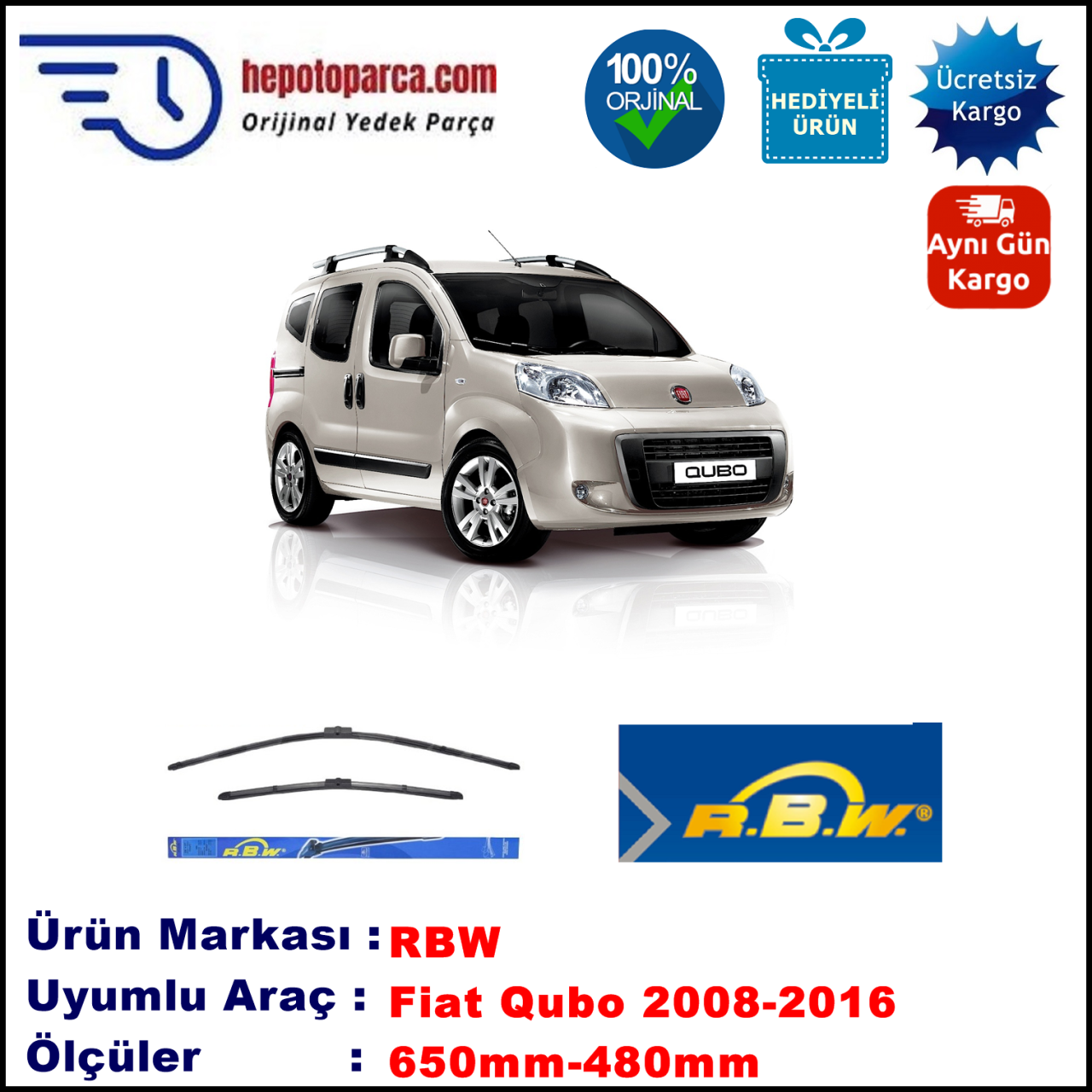 FIAT Qubo [300..] 09.2008-..., 650 / 470 mm.  RBW  ADAPTÖRLÜ MUZ SİLECEK SETİ