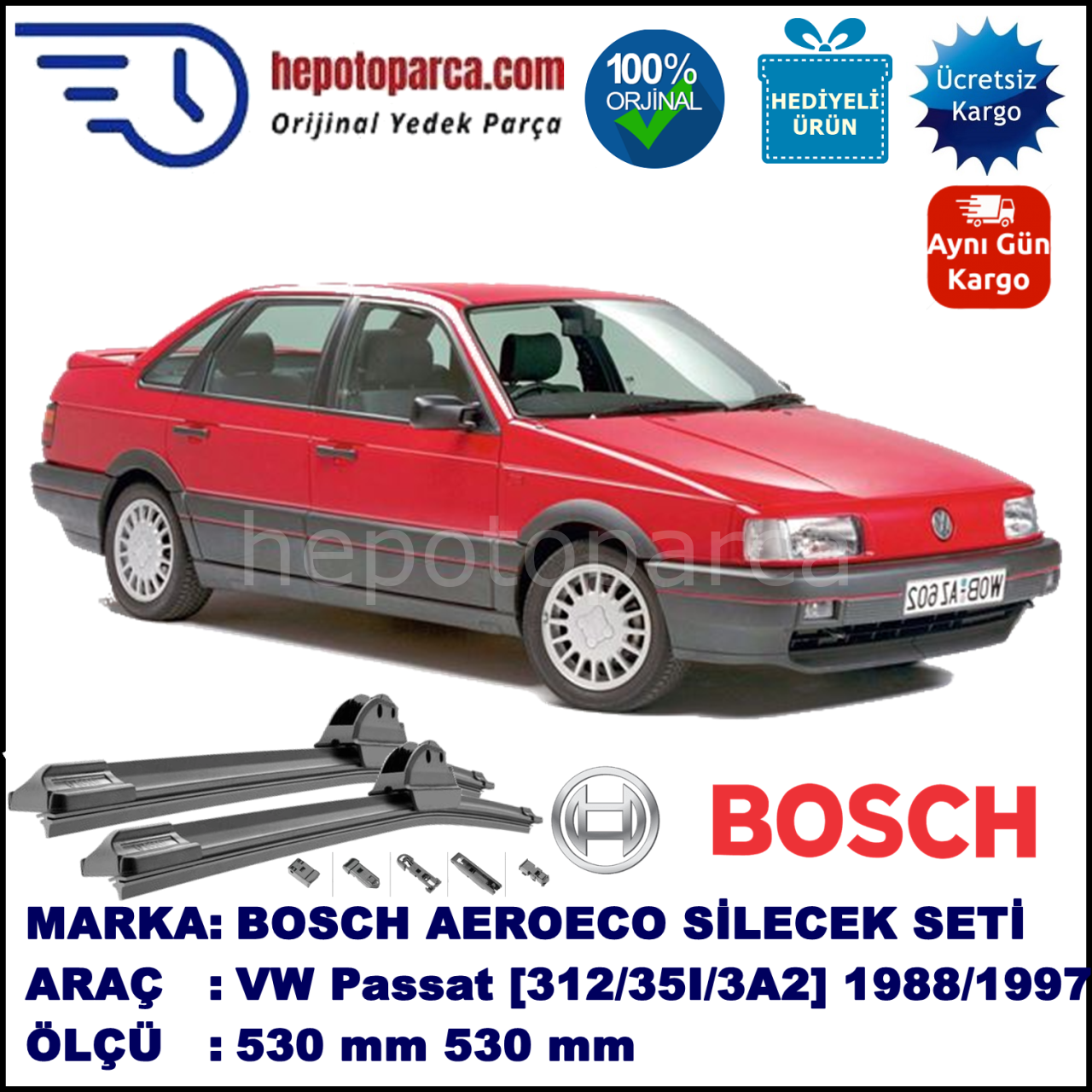 VW Passat [312/35I/3A2] 04.1988-03.1997, 530 / 530 mm. BOSCH AEROECO Aparatlı Muz Silecek