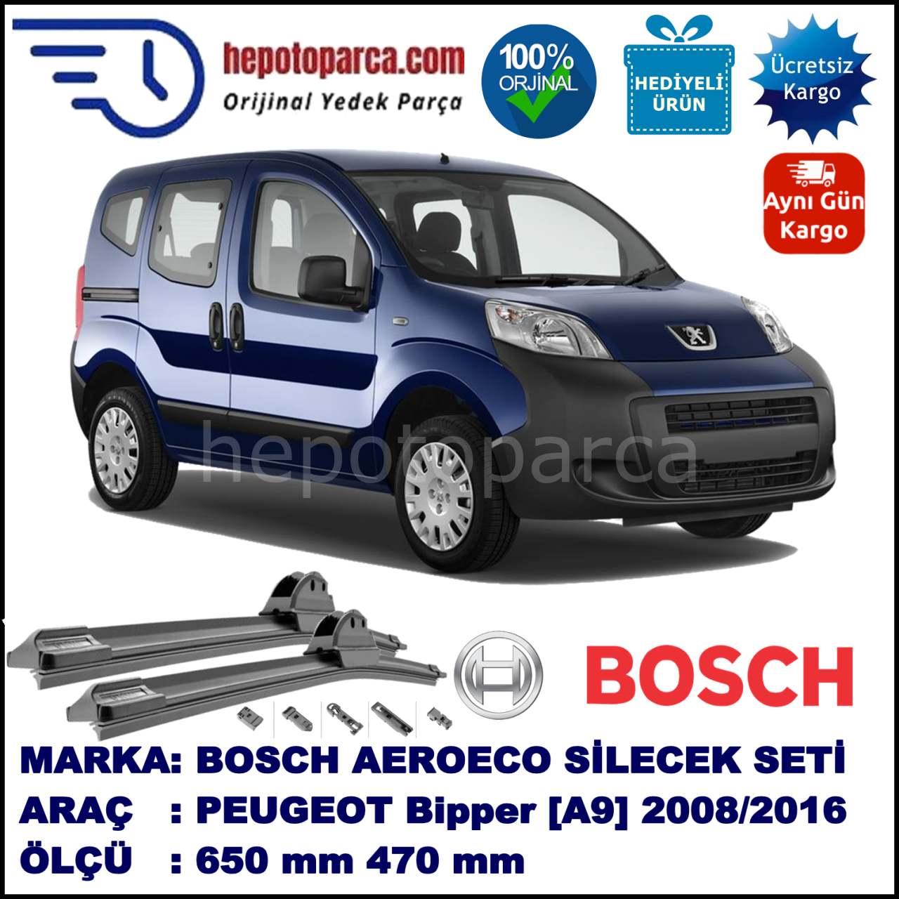 PEUGEOT Bipper [A9] 02.2008-..., 650 / 470 mm. BOSCH AEROECO Aparatlı Muz Silecek