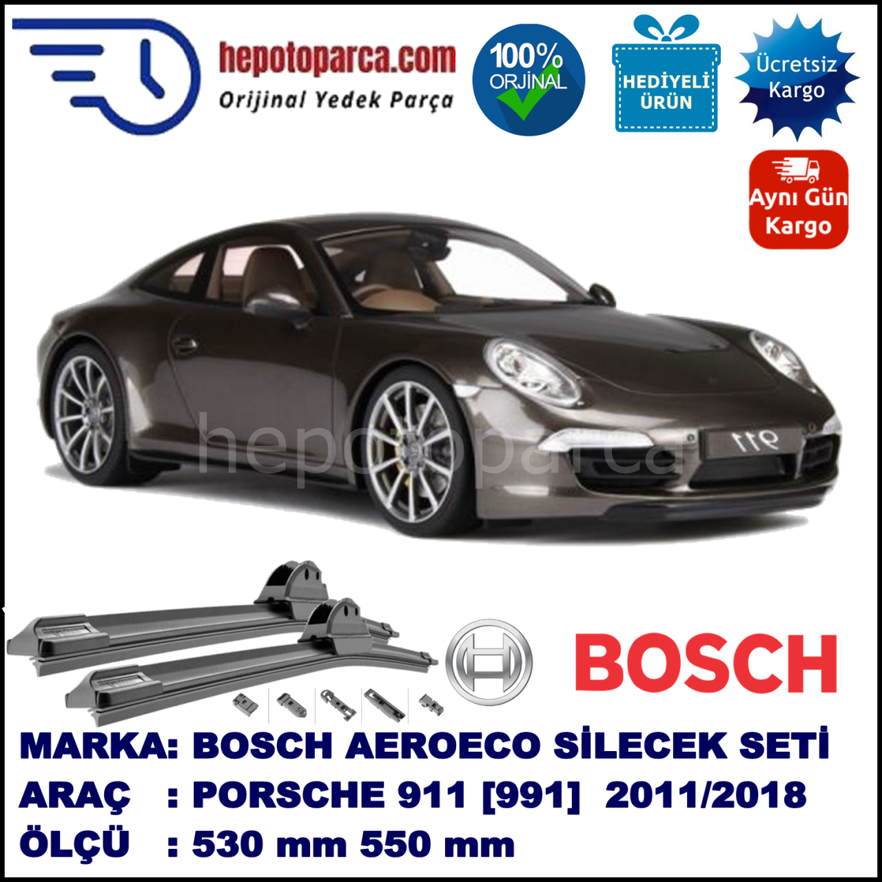 PORSCHE 911 [991] 12.2011-..., 530 / 550 mm. BOSCH AEROECO Aparatlı Muz Silecek