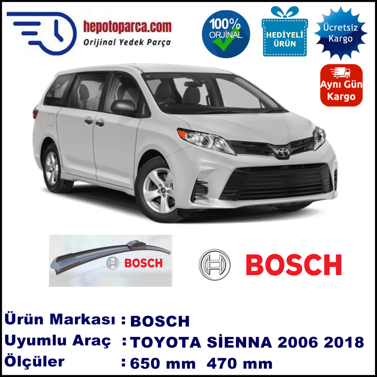 TOYOTA Sienna  09.2006-..., 650 / 470 mm. BOSCH AEROECO Aparatlı Muz Silecek