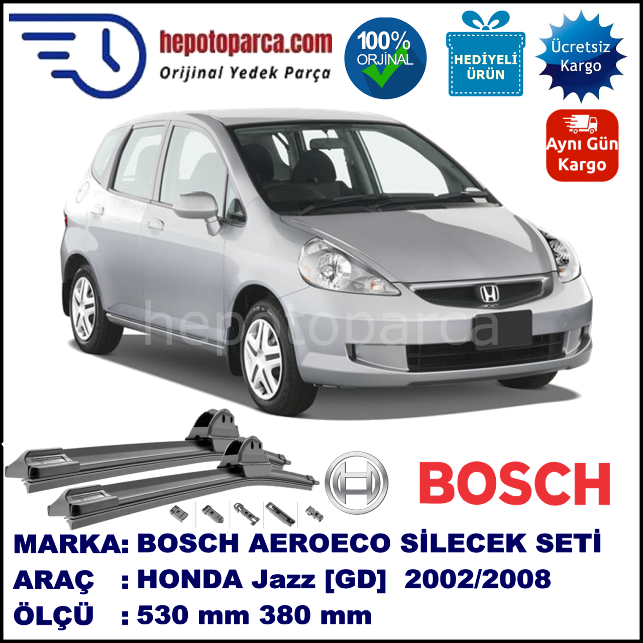HONDA Jazz [GD] 03.2002-12.2008, 530 / 380 mm. BOSCH AEROECO Aparatlı Muz Silecek