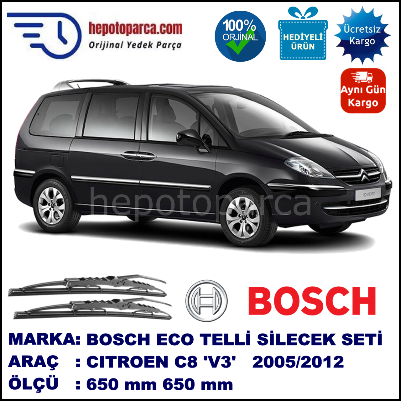 CITROEN C8 [V3] 08.05-... 650 / 650 mm. BOSCH ECO Telli Silecek 2'li Takım