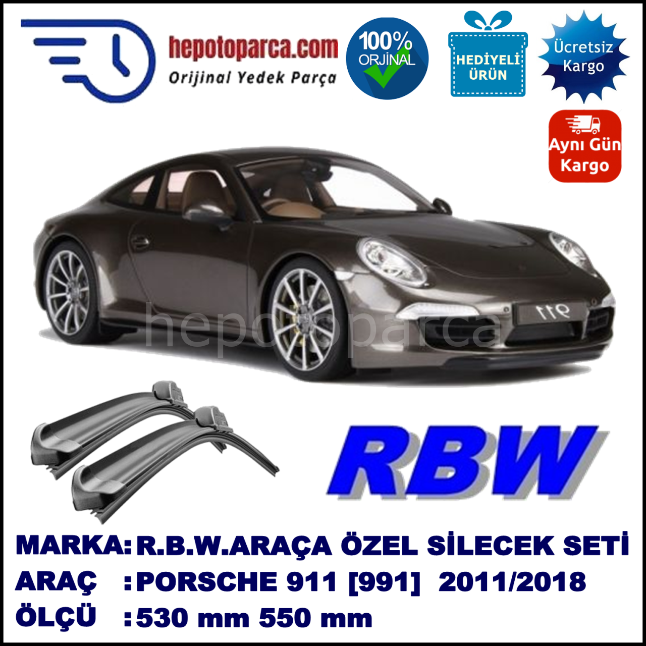 PORSCHE 911 [991] 12.2011-..., 530 / 550 mm.  RBW  ADAPTÖRLÜ MUZ SİLECEK SETİ